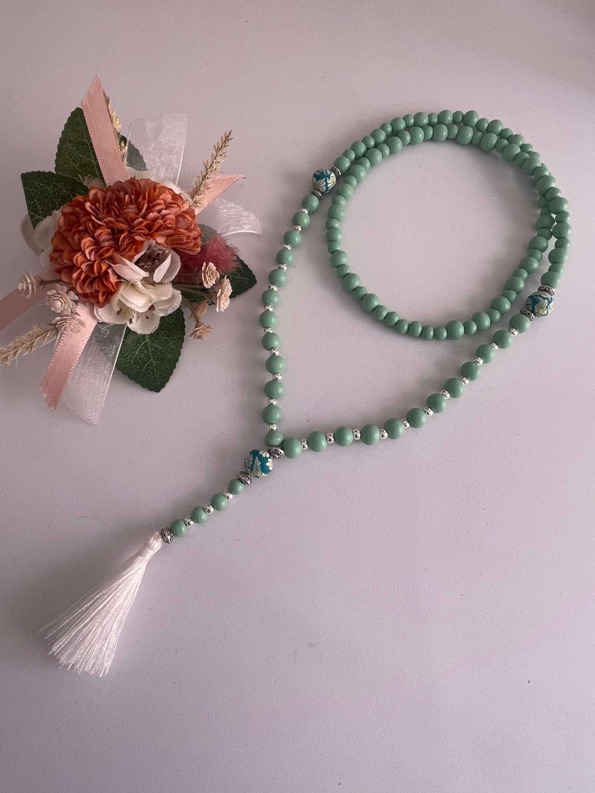 Japamala Artesanal Madera Verde Agua - Mala de 108 cuentas para meditación